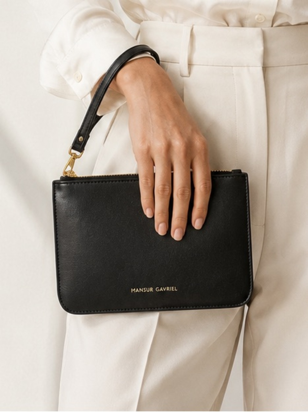 Mansur Gavriel Black Leather Wrist Strap Pouch Clutch Removable Bag